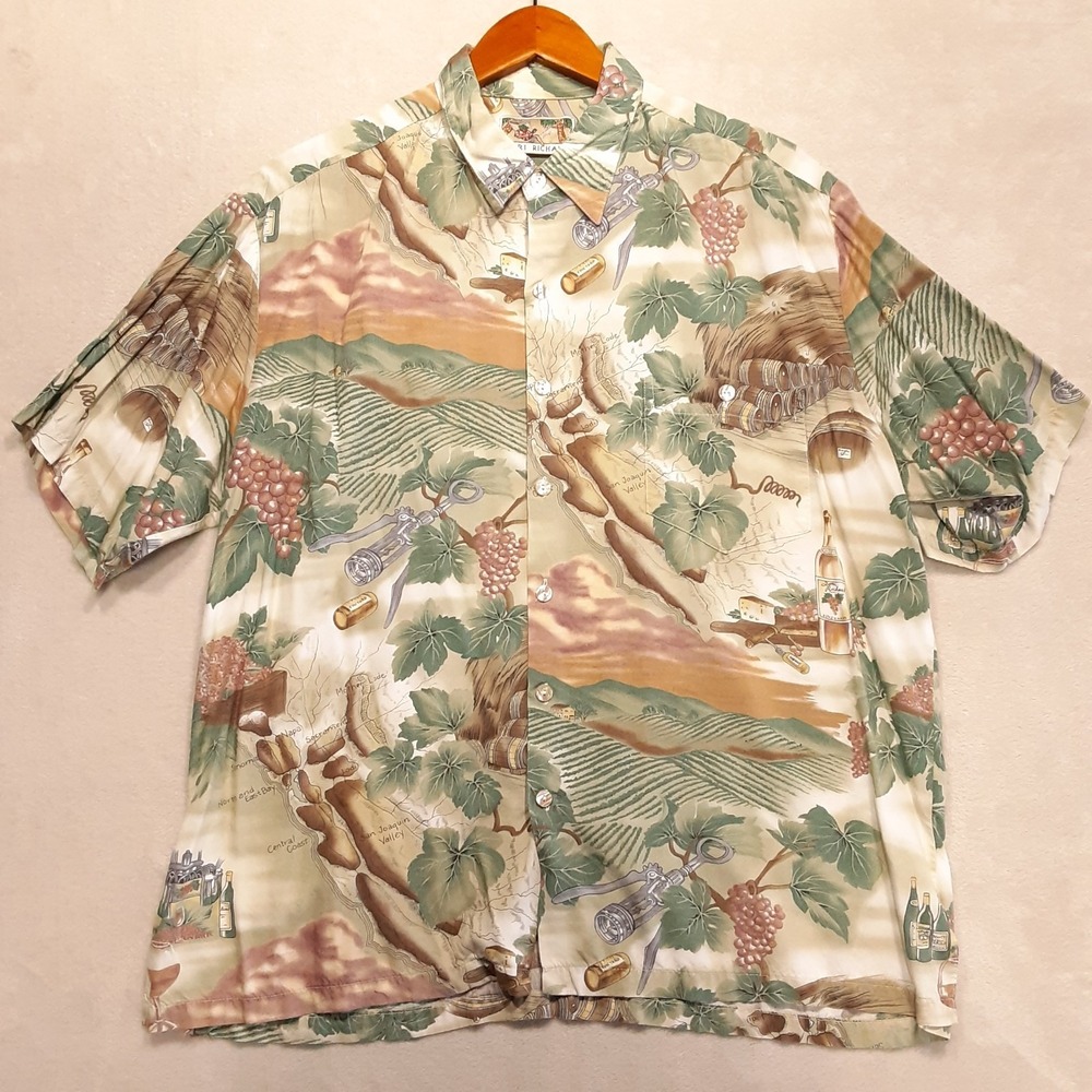 Tori Richard Mens Vintage SS Button Shirt XL Green Grape Wine Country Landscape